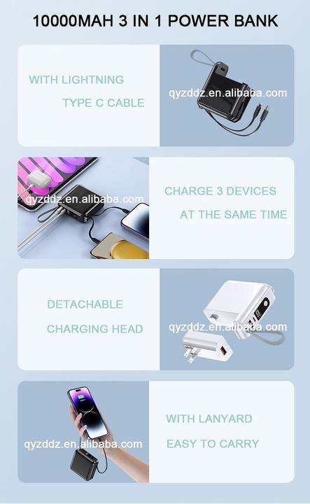 10000mAh 3 in 1 Durable Power Bank With 2 Charge Cable Mobile Power Bank AC Power Bank Customized Manufacturing