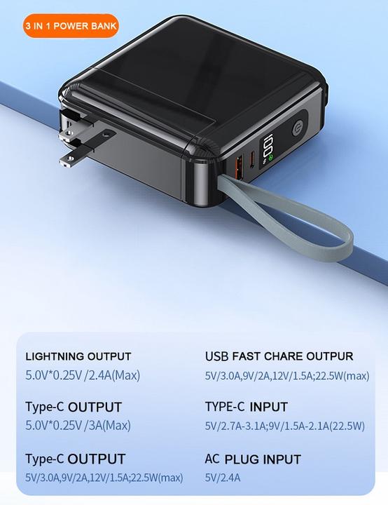 10000mAh 3 in 1 Durable Power Bank With 2 Charge Cable Mobile Power Bank AC Power Bank Customized Manufacturing