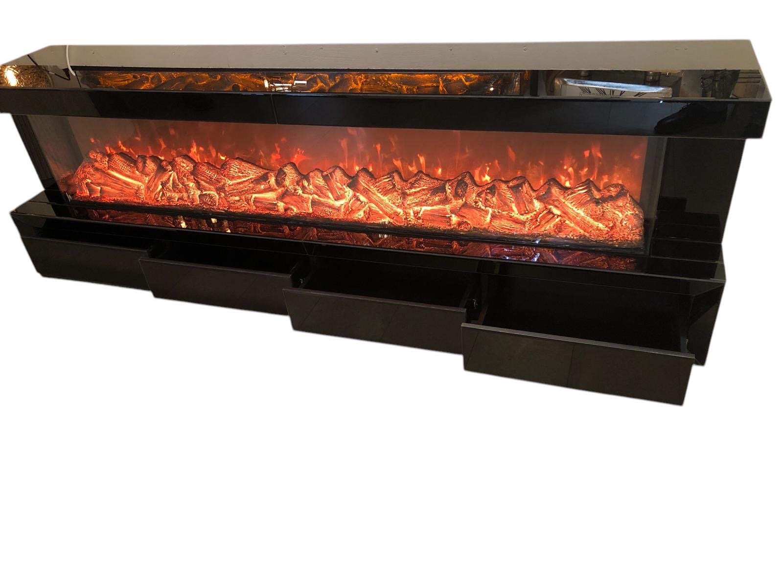 Tv unit 200cm mdf wood with mirror black, white or sepia surface -  with electrical fireplace - 4 layers - 65cm high