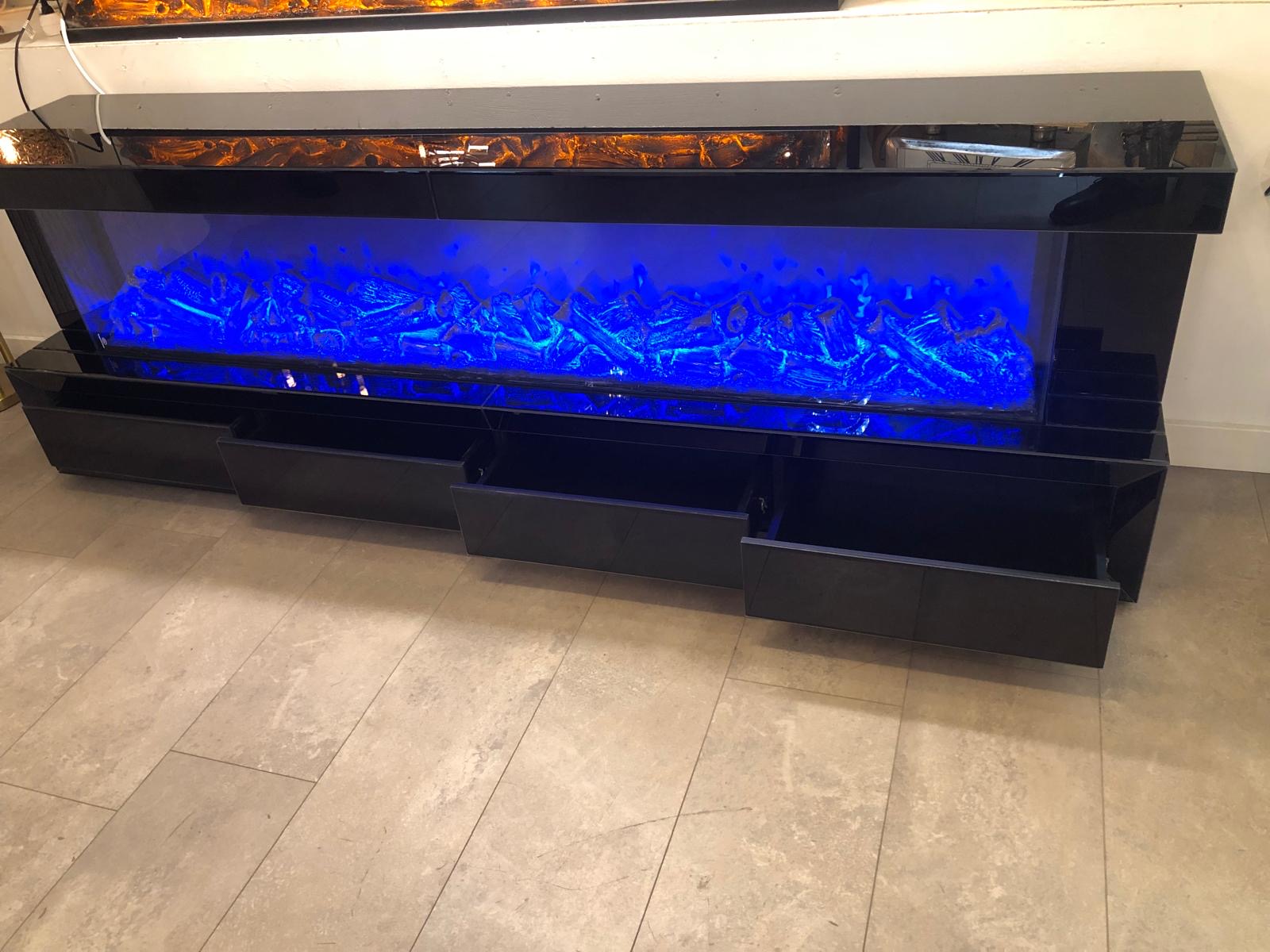 Tv unit 200cm mdf wood with mirror black, white or sepia surface -  with electrical fireplace - 4 layers - 65cm high