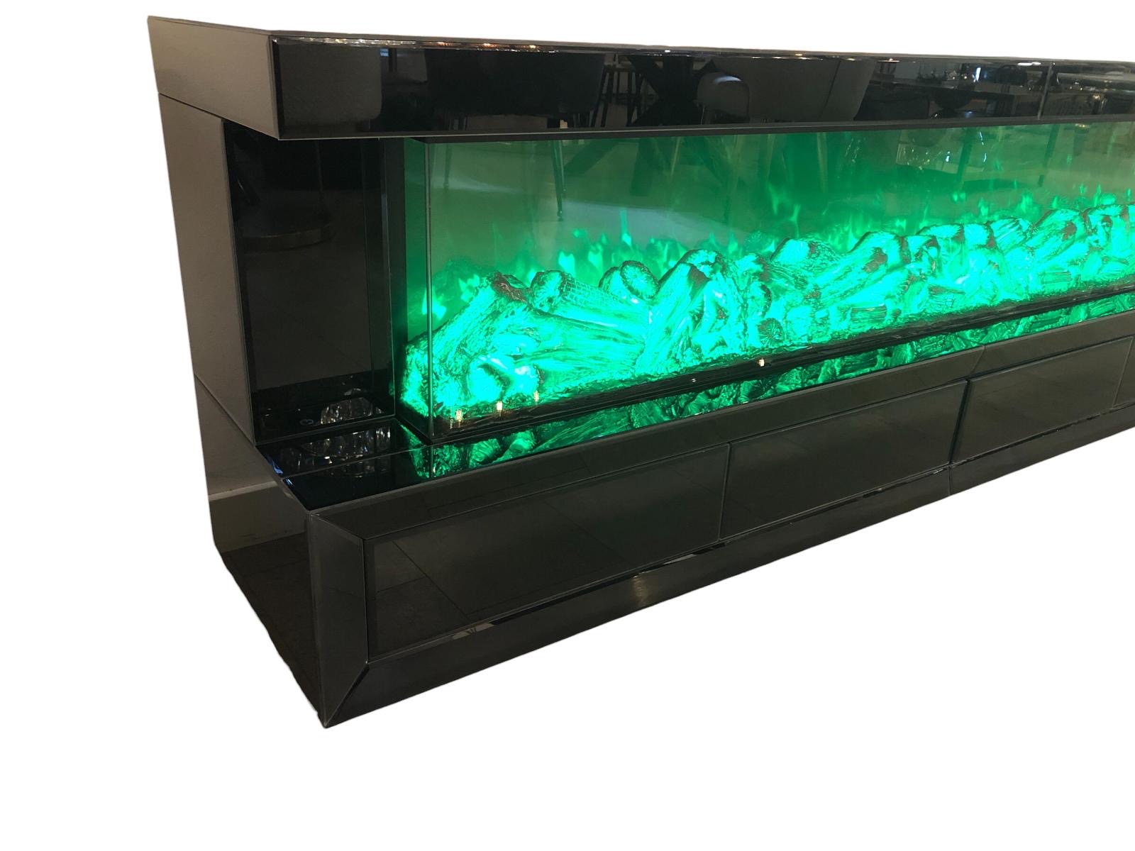 Tv unit 200cm mdf wood with mirror black, white or sepia surface -  with electrical fireplace - 4 layers - 65cm high