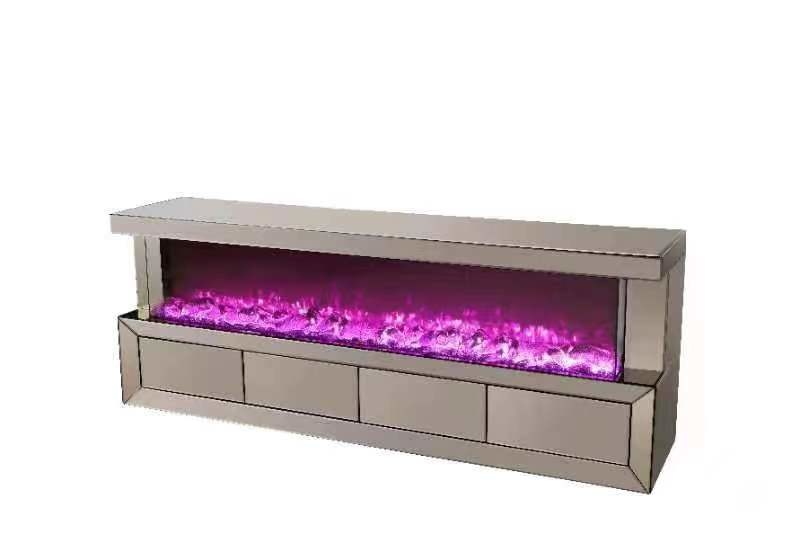 Tv unit 200cm mdf wood with mirror black, white or sepia surface -  with electrical fireplace - 4 layers - 65cm high