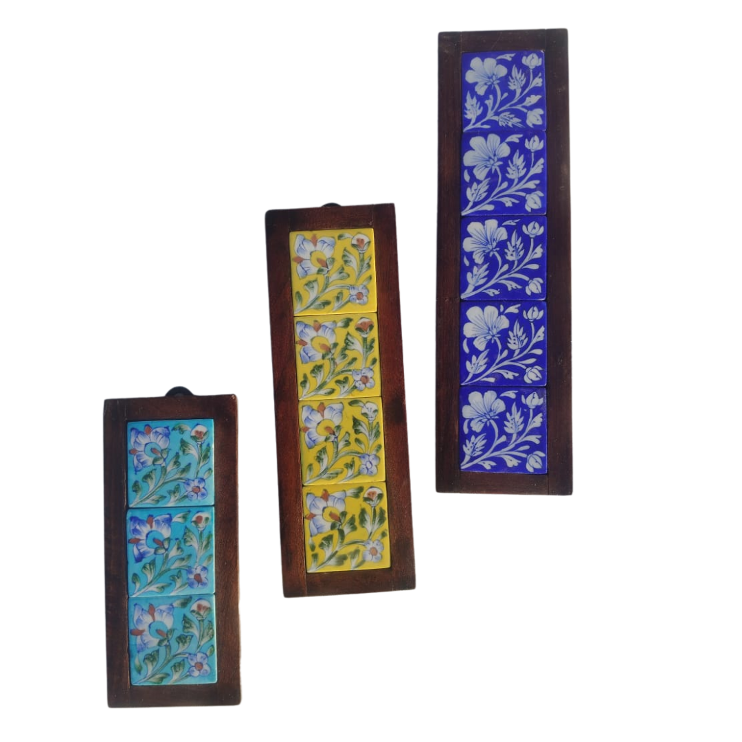 Blue Pottery Ceramic Wooden Frame Tile Wall Decor