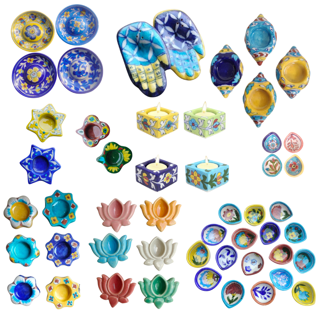 Ceramic Blue Pottery Tea Light Holders, Incense stick holders and diyas