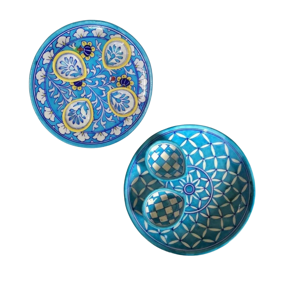 Blue Pottery Ceramic Puja Thali & Diya Set