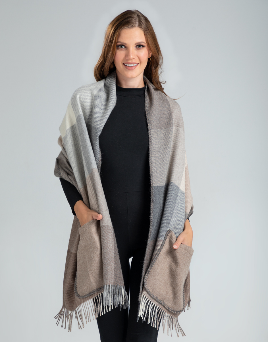 100% BABY ALPACA WOVEN NEUTRAL SHAWL WITH POCKETS