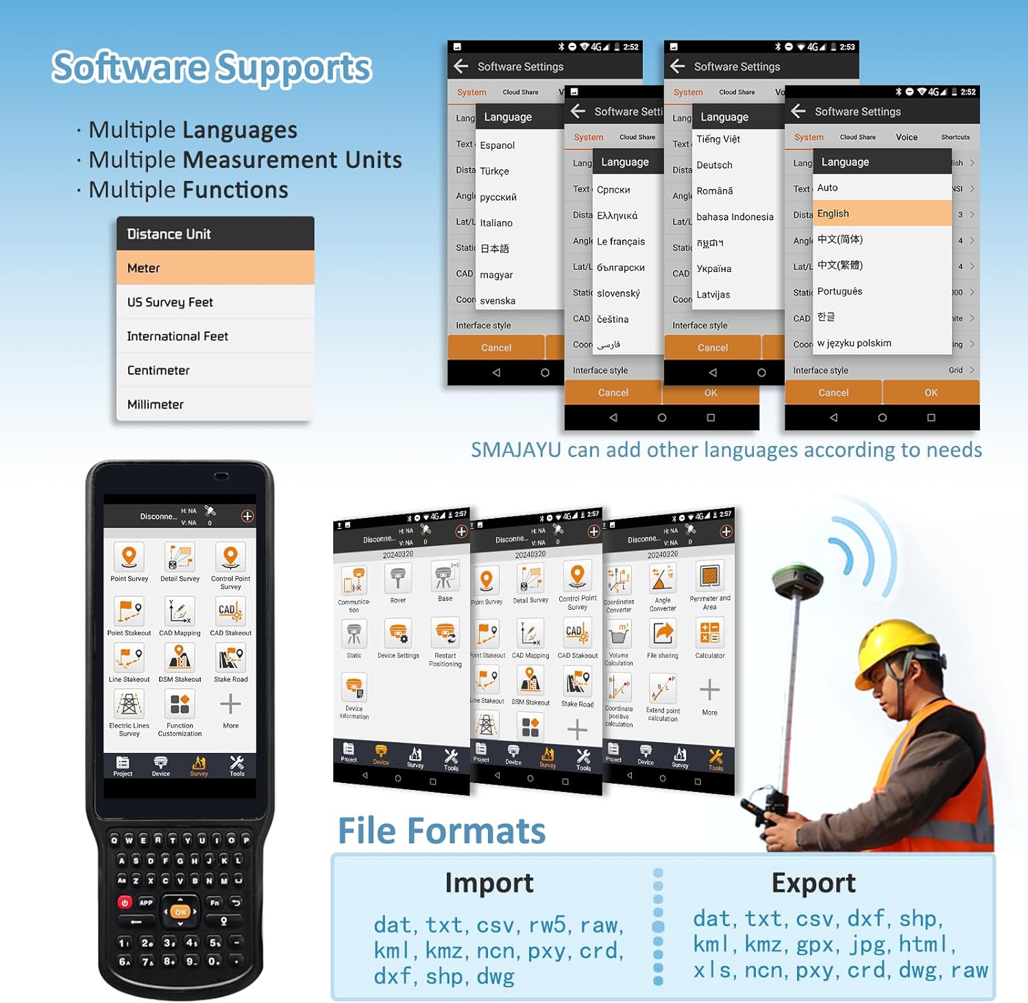 SMA26 RTK GNSS GPS Surveying Equipment with IMU Rover & Base, 1408 Channels, 1cm Accuracy, Upto 10km Range, NOAA Certified, Handheld Collector & Survey Software