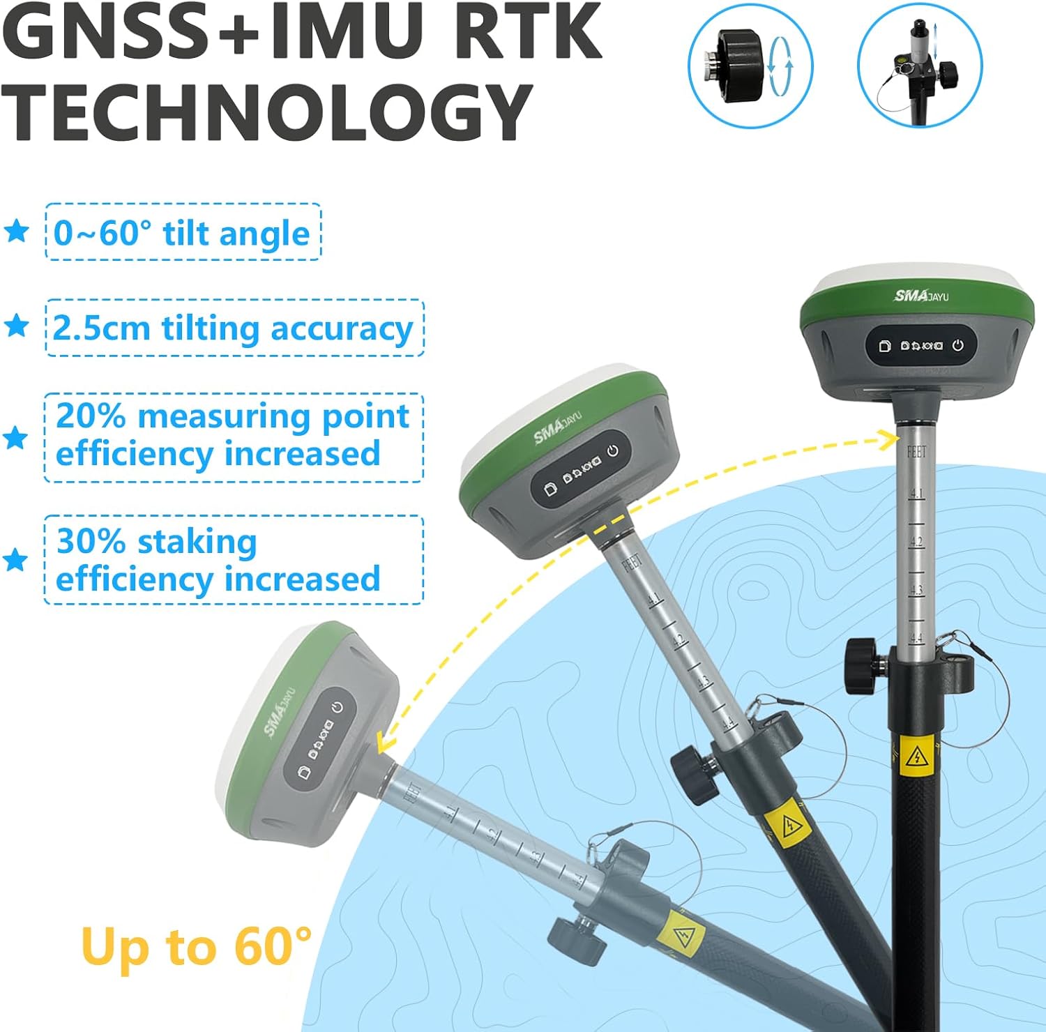 SMA26 RTK GNSS GPS Surveying Equipment with IMU Rover & Base, 1408 Channels, 1cm Accuracy, Upto 10km Range, NOAA Certified, Handheld Collector & Survey Software