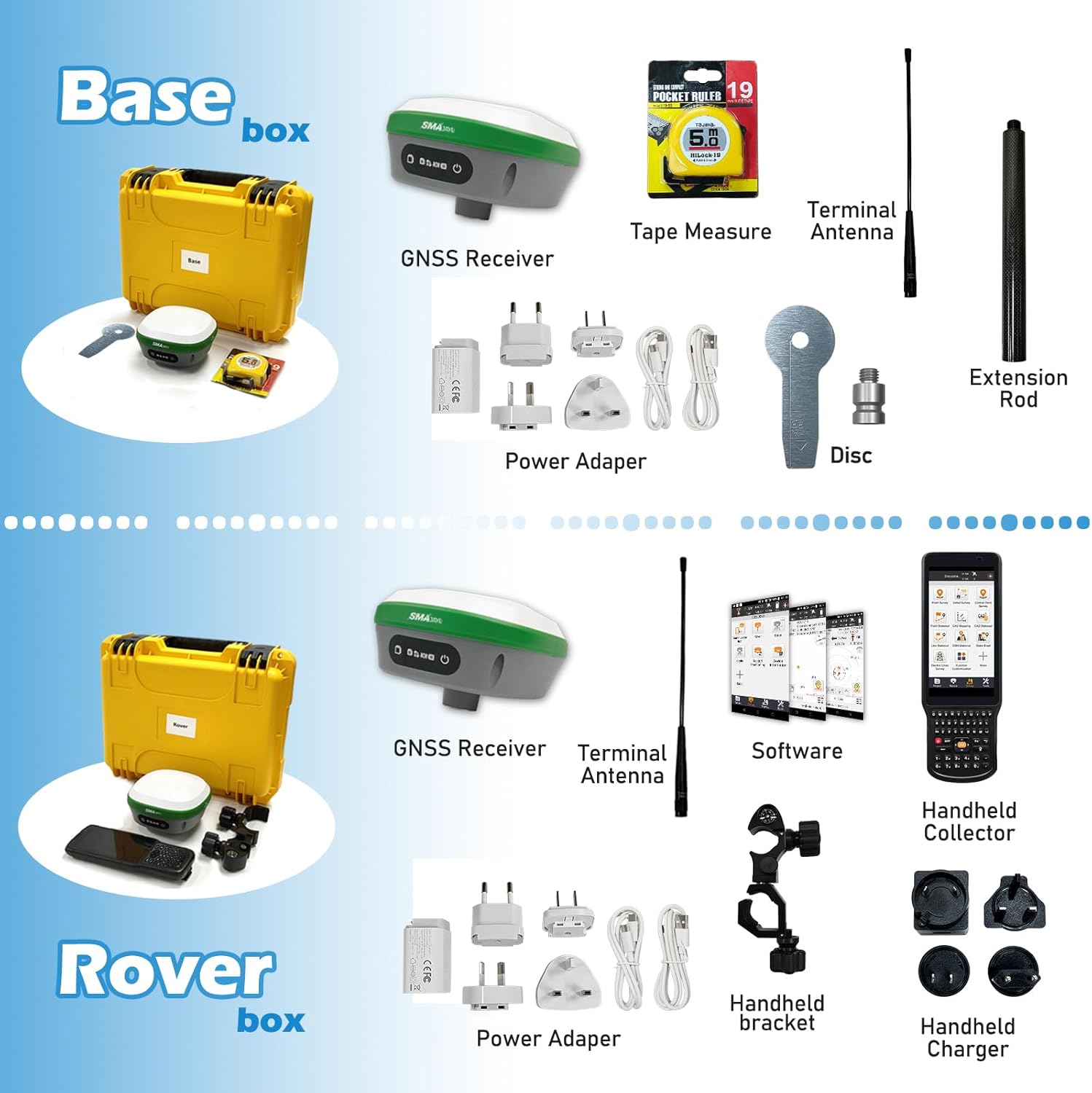 SMA26 RTK GNSS GPS Surveying Equipment with IMU Rover & Base, 1408 Channels, 1cm Accuracy, Upto 10km Range, NOAA Certified, Handheld Collector & Survey Software