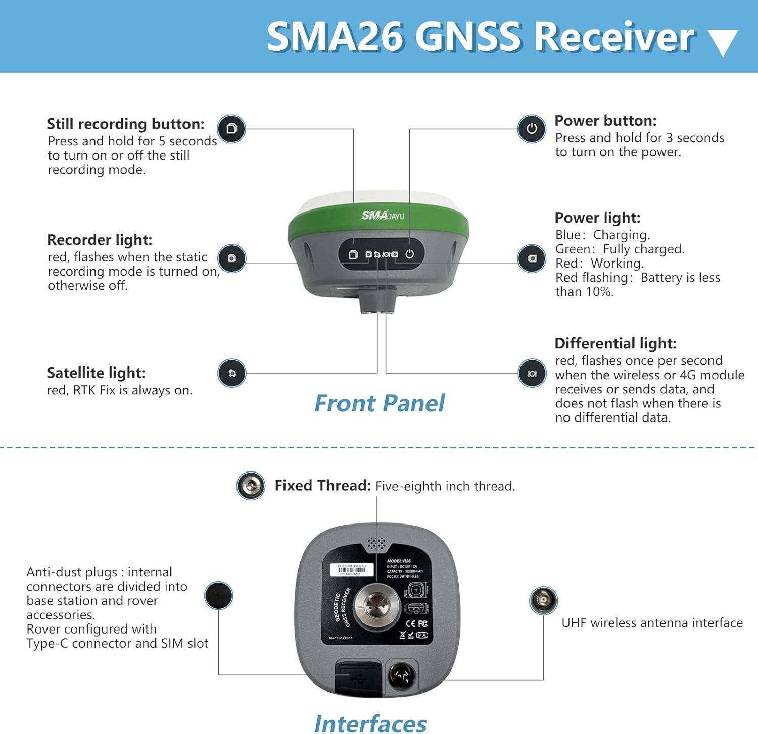 SMA26 RTK GNSS GPS Surveying Equipment with IMU Rover & Base, 1408 Channels, 1cm Accuracy, Upto 10km Range, NOAA Certified, Handheld Collector & Survey Software