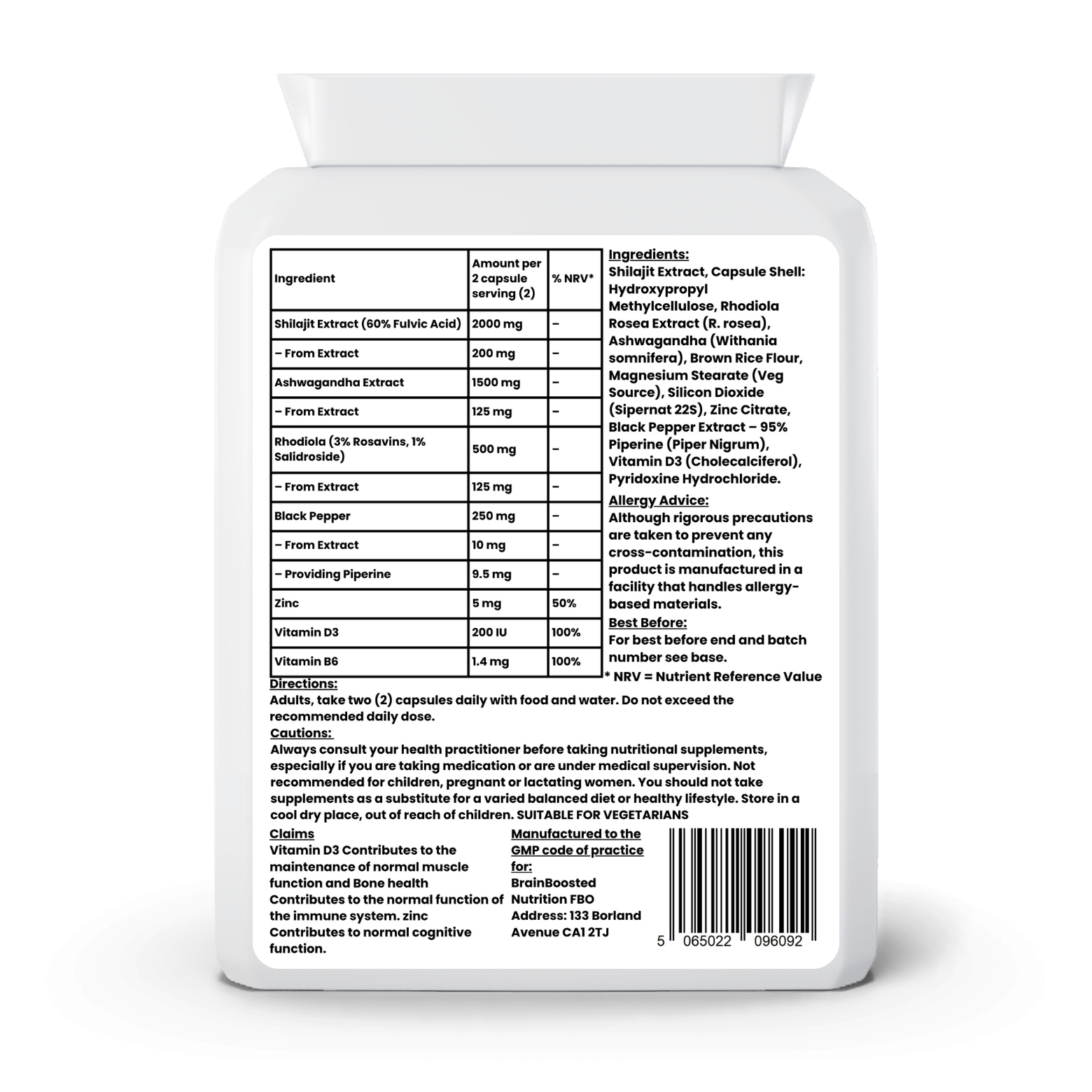 OEM/ODM - SHILAJIT, ASHWAGANDHA AND RHODIOLA COMPLEX - WITH VITAMIN B6, D3 AND ZINC - 90 CAPSULES
