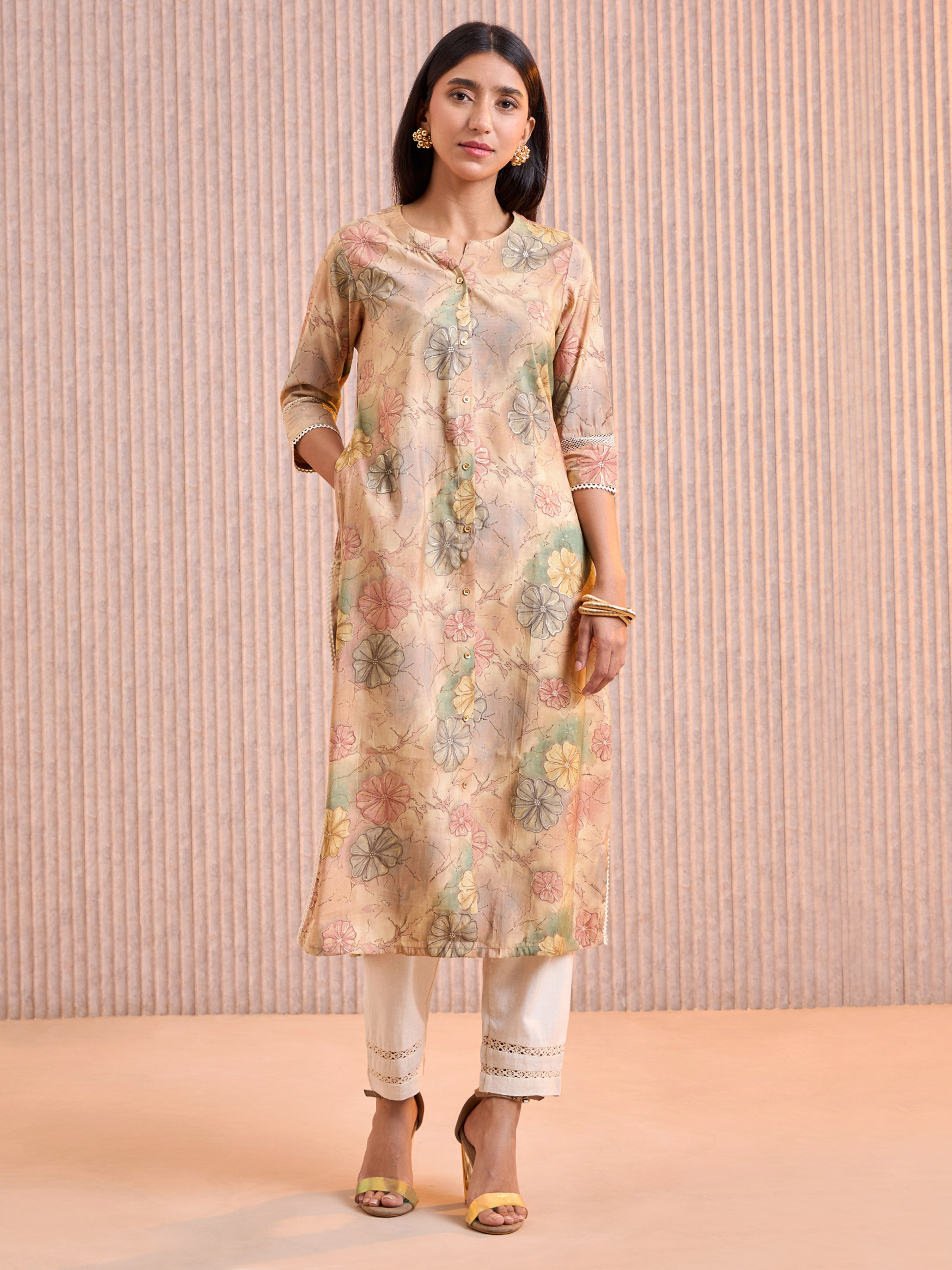 Beige Modal Chanderi Foil Printed Kurti With Lace Detailing