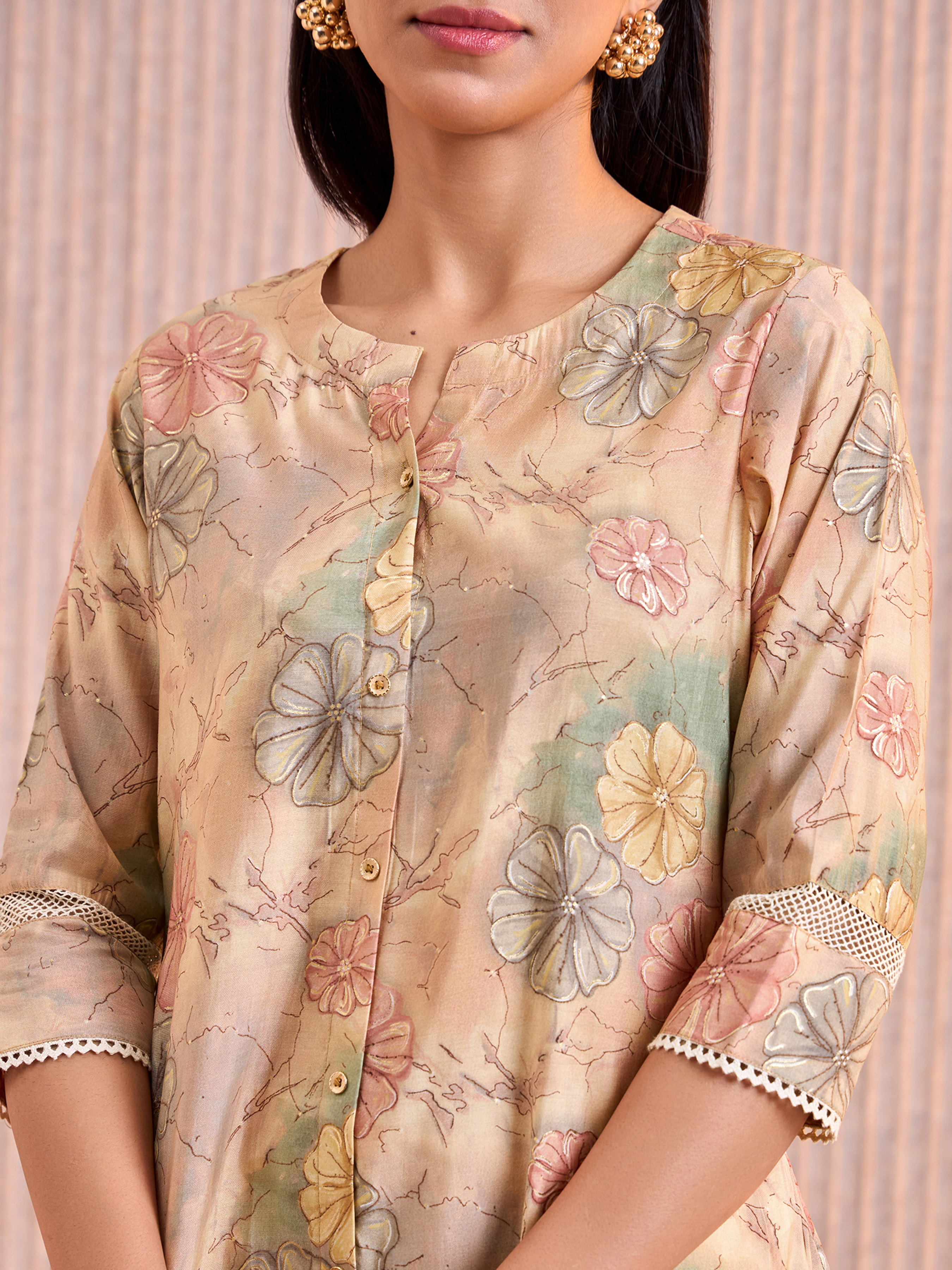 Beige Modal Chanderi Foil Printed Kurti With Lace Detailing