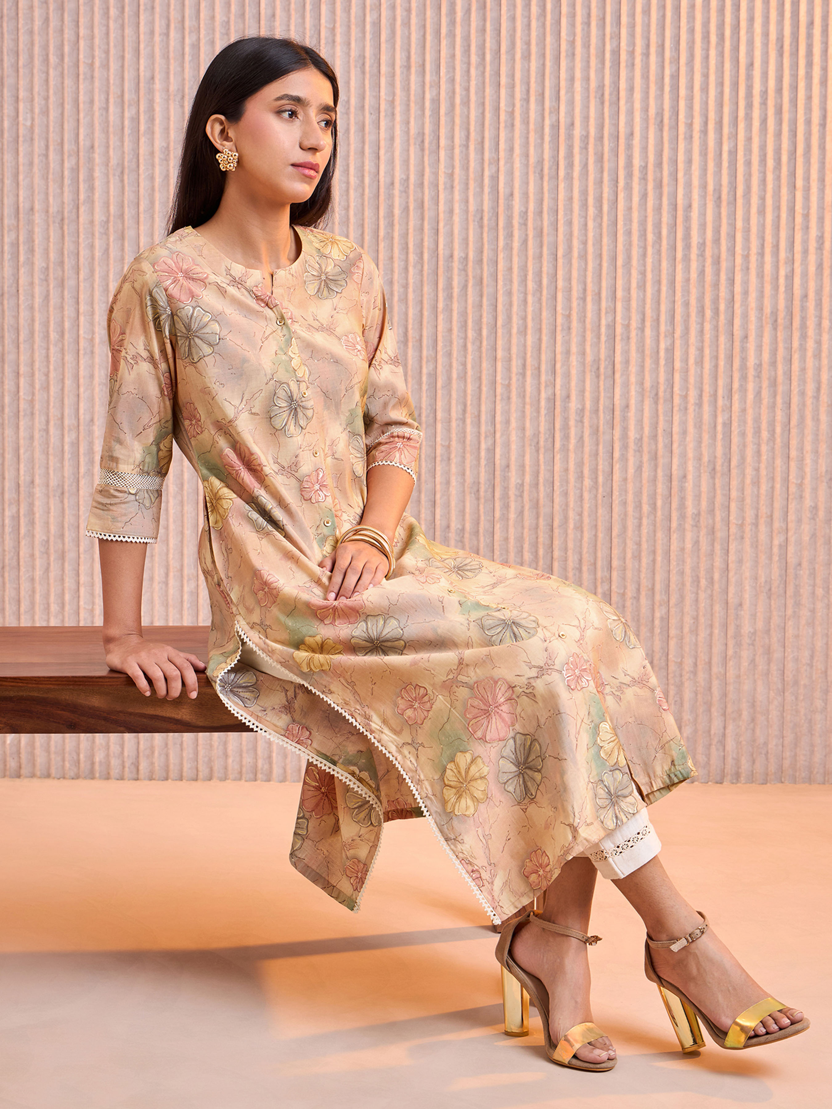 Beige Modal Chanderi Foil Printed Kurti With Lace Detailing