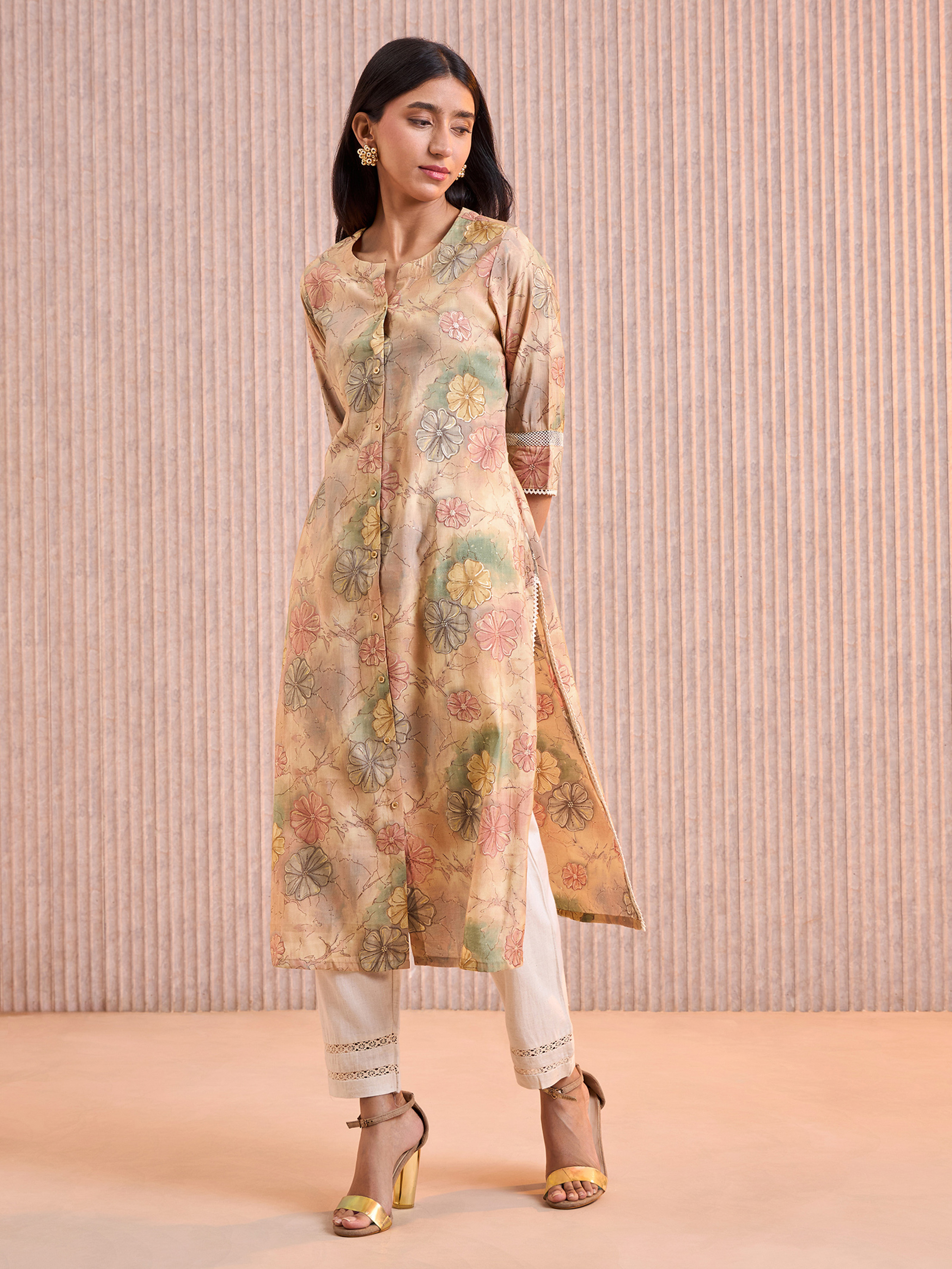 Beige Modal Chanderi Foil Printed Kurti With Lace Detailing