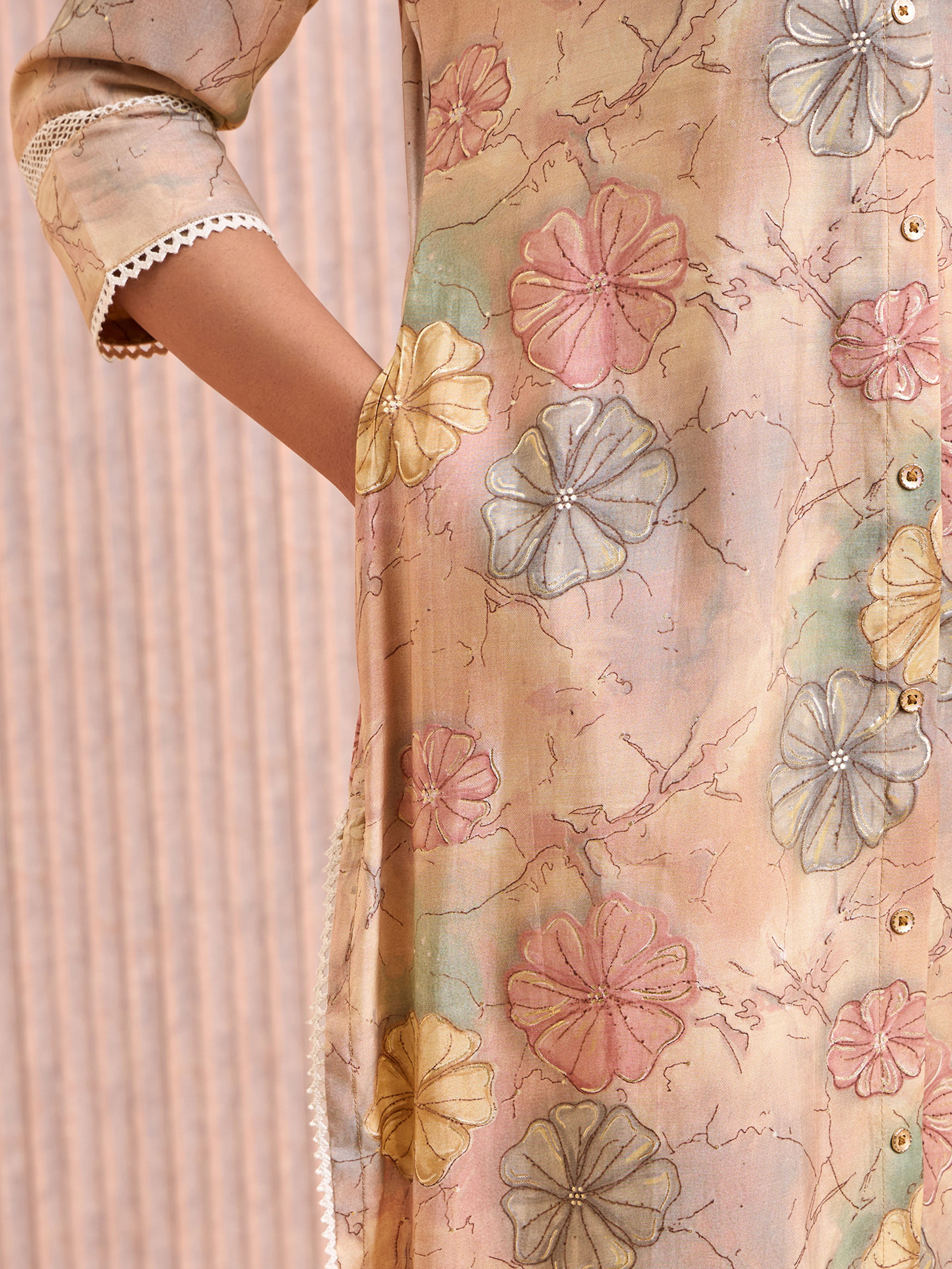 Beige Modal Chanderi Foil Printed Kurti With Lace Detailing