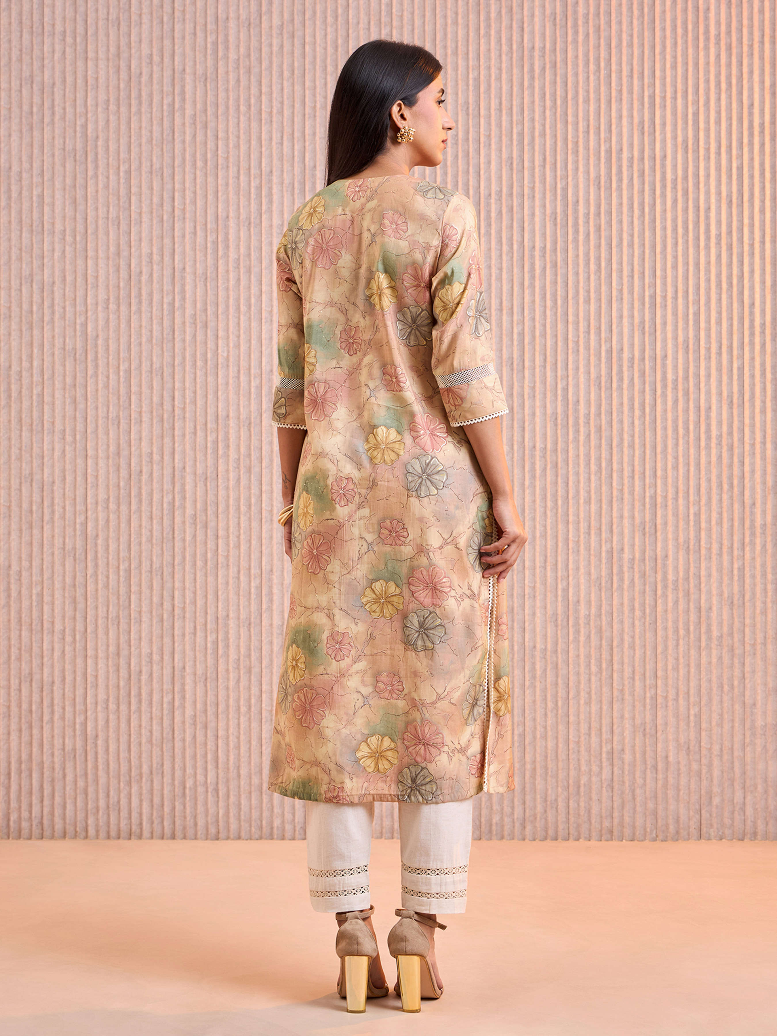 Beige Modal Chanderi Foil Printed Kurti With Lace Detailing