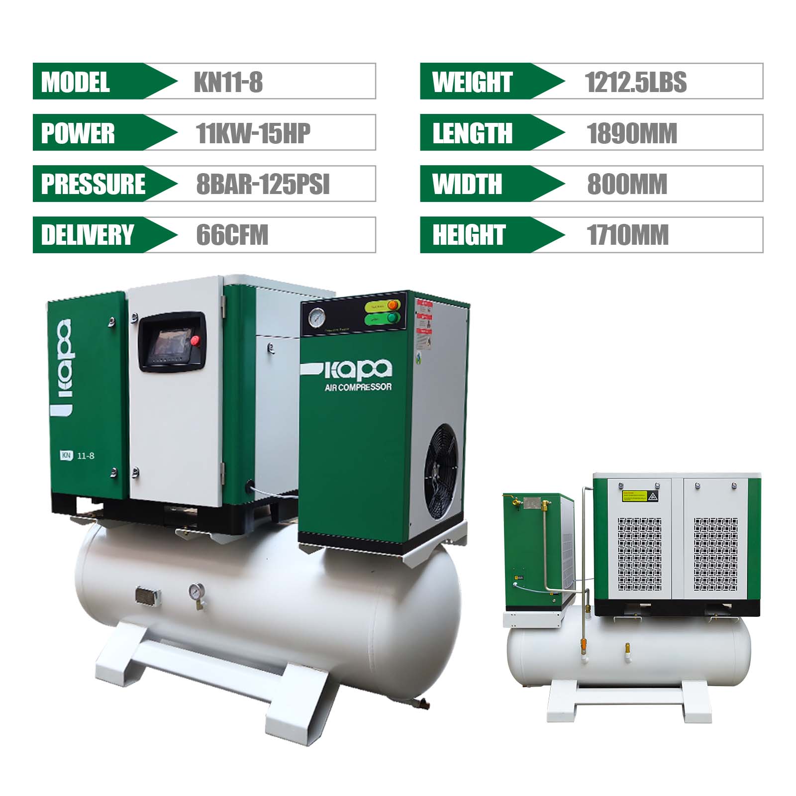 KAPA KN 11-8 11KW/15HP Industrial Rotary Air compressor 220V 22CFM 116psi 4 in 1 Rotary Screw Air Compressor for manufacturing production with air dryer,air storage tank, filter