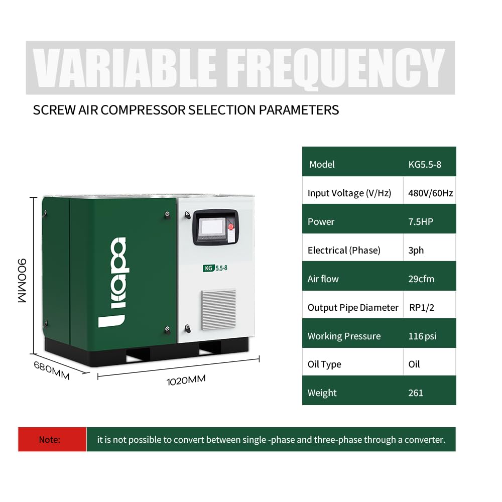 KAPA KG Series 5.5KW/7.5HP Rotary Screw Air Compressor Electrical Phase: 3hp 480V Stationary Air Compressor Suitable for small factories in the auto repair industry