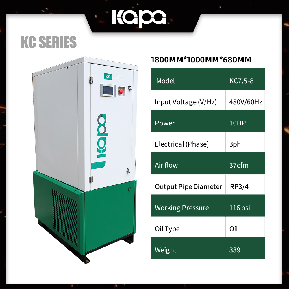 KAPA KC7.5-8 7.5KW /10HP Stationary air compressors 116 PSI 37.43 CFM 4-in-one VSD Industrial Air Compressor Belt-Driven Compact Design for Small Spaces