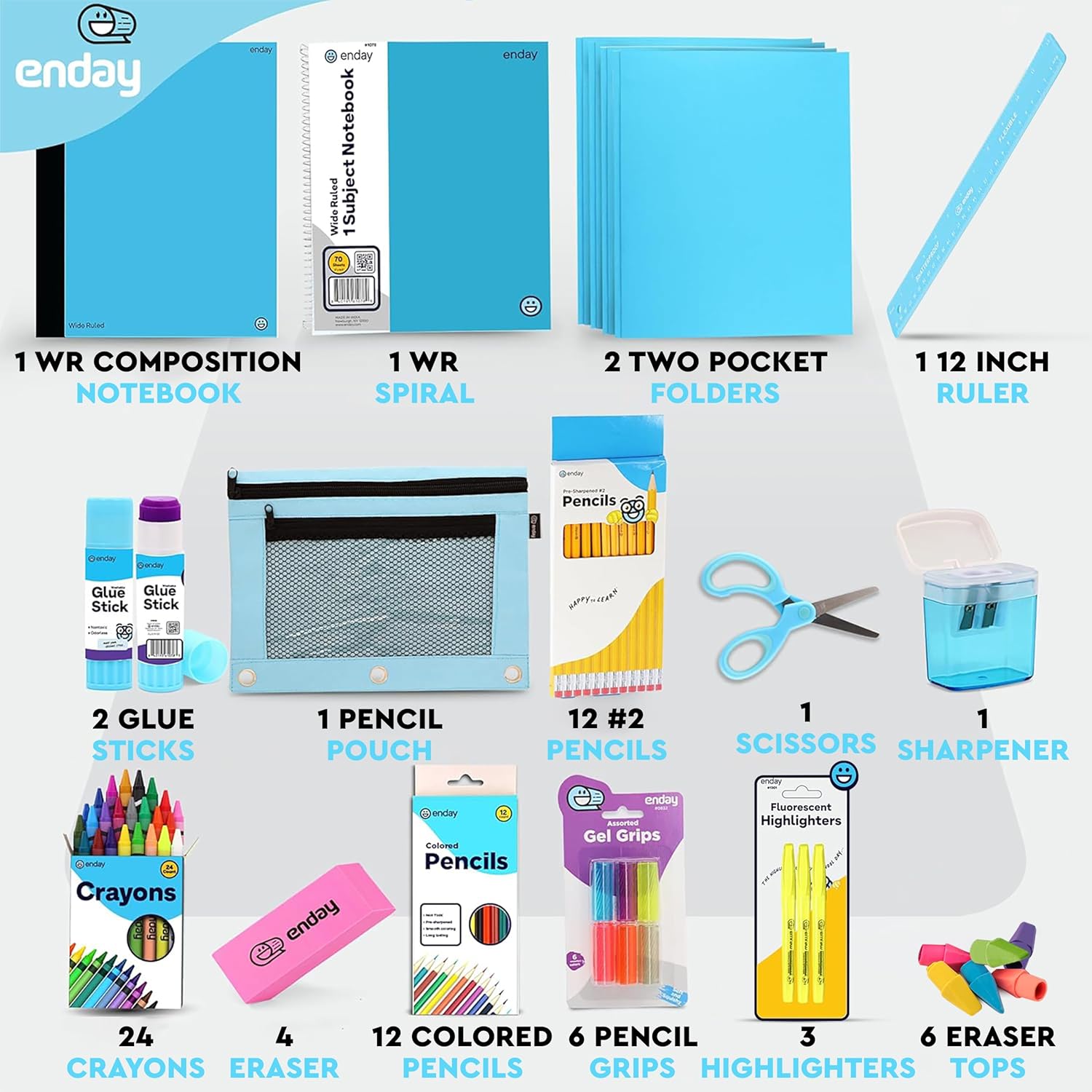 Enday Back to School Supplies for Kids, Blue School Supply Box Grades K-5, Premium Quality Kids School Supplies Kit, Kindergarten School Supplies for Girls and Boys, 78 Piece Set