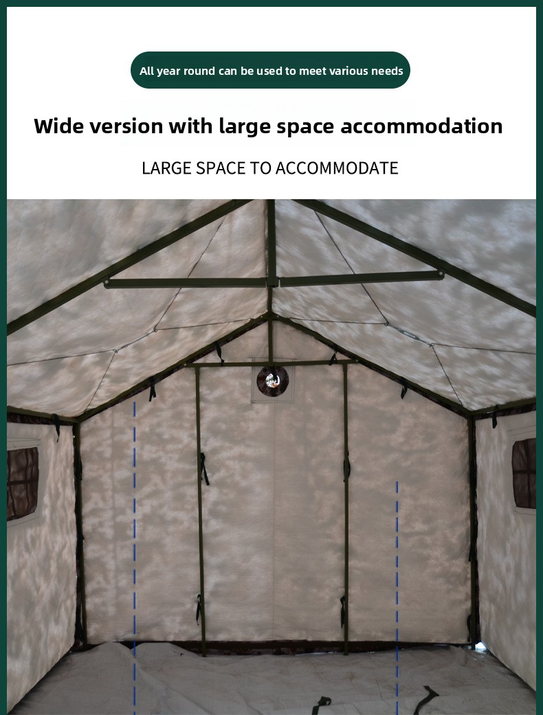 Winter-weight, waterproof, and insulated outdoor camouflage emergency command tent.