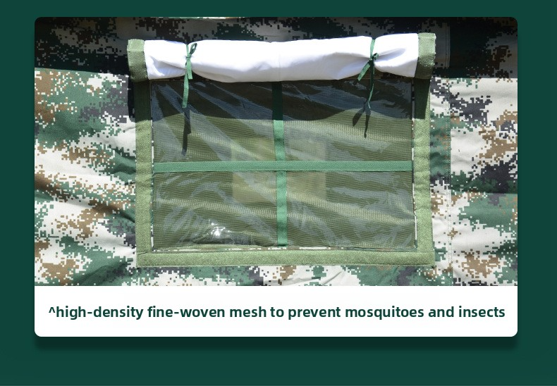 Winter-weight, waterproof, and insulated outdoor camouflage emergency command tent.