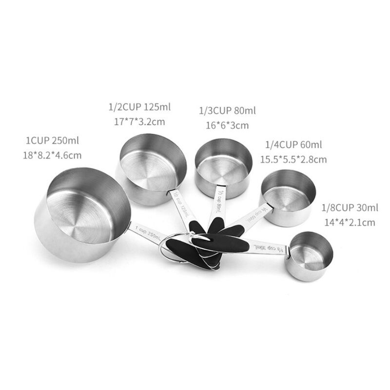 Stainless steel baking tools with measuring cups and spoons