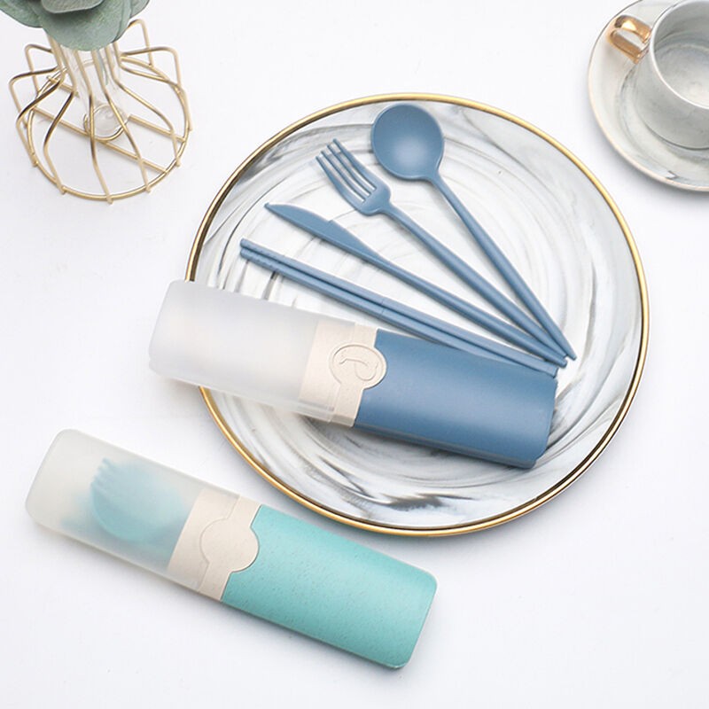 Wheat Straw Cutlery Spoon Fork and knife Tableware Set with Case Eco-Friendly Portable Outdoor Travel Camping Flatware