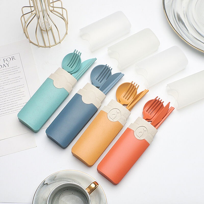 Wheat Straw Cutlery Spoon Fork and knife Tableware Set with Case Eco-Friendly Portable Outdoor Travel Camping Flatware