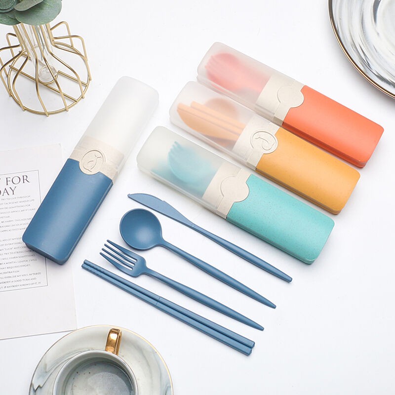 Wheat Straw Cutlery Spoon Fork and knife Tableware Set with Case Eco-Friendly Portable Outdoor Travel Camping Flatware