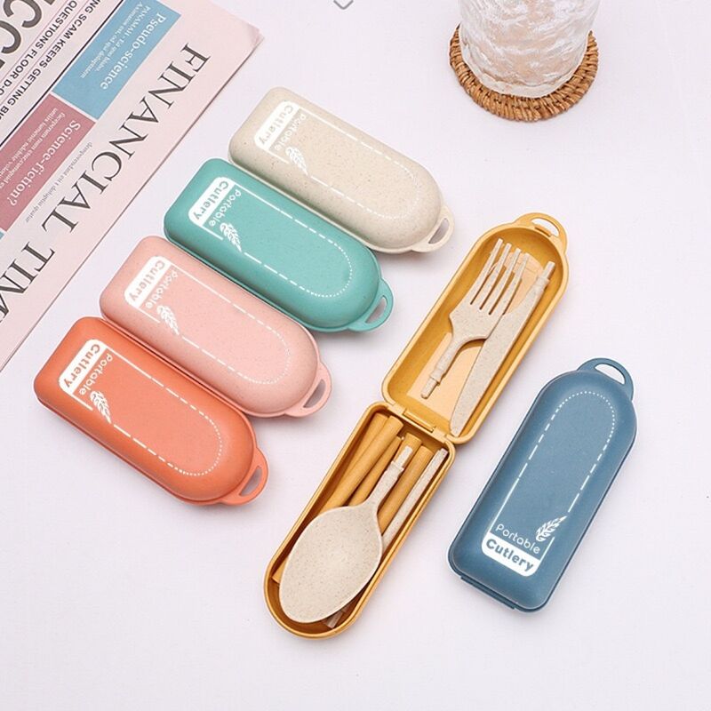 Wheat Straw Cutlery Spoon Fork and knife Tableware Set with Case Eco-Friendly Portable Outdoor Travel Camping Flatware