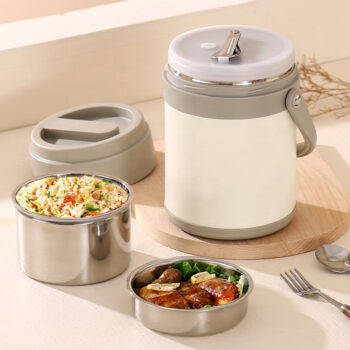 Portable Three-Layer Food Storage Container Lunch Box 304 Stainless Steel Thermal Food Jar With Spoon