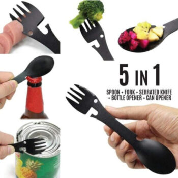 5-in-1 multi tool outdoor metal tableware cutlery spoon fork for camping with opener knife portable stainless steel 304 picnicware