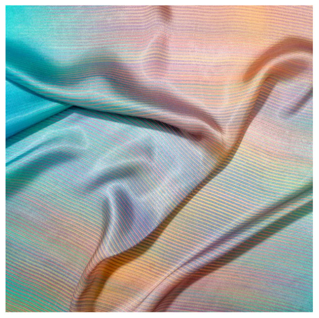 Viscose silk with a minimalistic print of warm colored lines on a turquoise ground