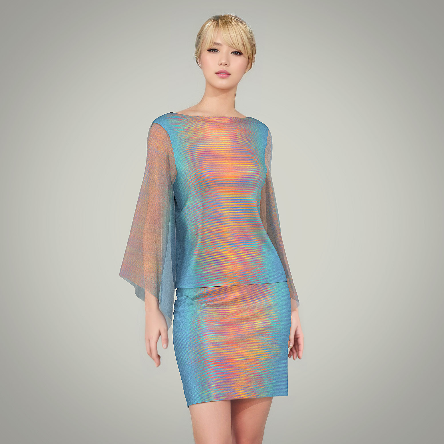 Viscose silk with a minimalistic print of warm colored lines on a turquoise ground