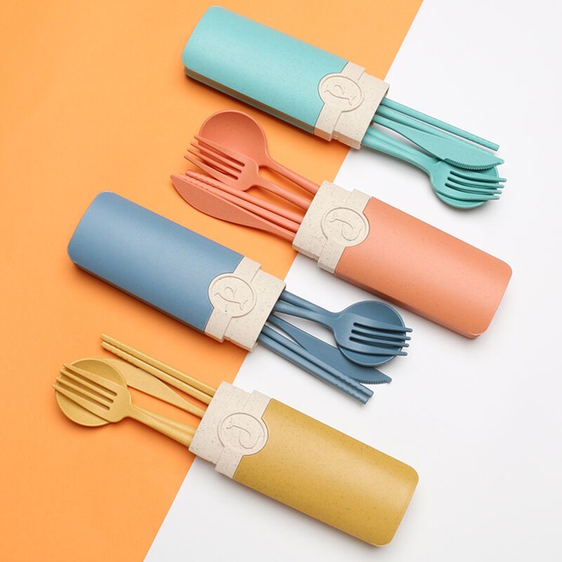 Wheat Straw Cutlery Spoon Fork and knife Tableware Set with Case Eco-Friendly Portable Outdoor Travel Camping Flatware