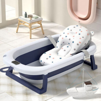 Folding Plastic Kids Bathtub Foldable Baby Bath Tubs Set Collapsible With Stand Temperature And Cushion For Infant Children