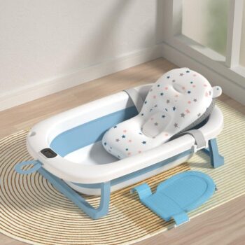 Folding Plastic Kids Bathtub Foldable Baby Bath Tubs Set Collapsible With Stand Temperature And Cushion For Infant Children