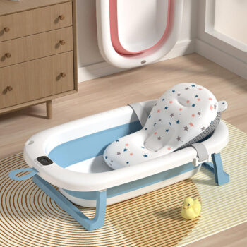 Folding Plastic Kids Bathtub Foldable Baby Bath Tubs Set Collapsible With Stand Temperature And Cushion For Infant Children