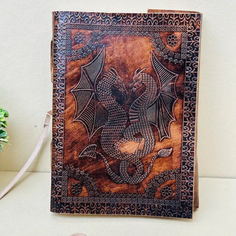Handmade Leather Journal: Dragon Embossed Notebook, Refillable 5x7