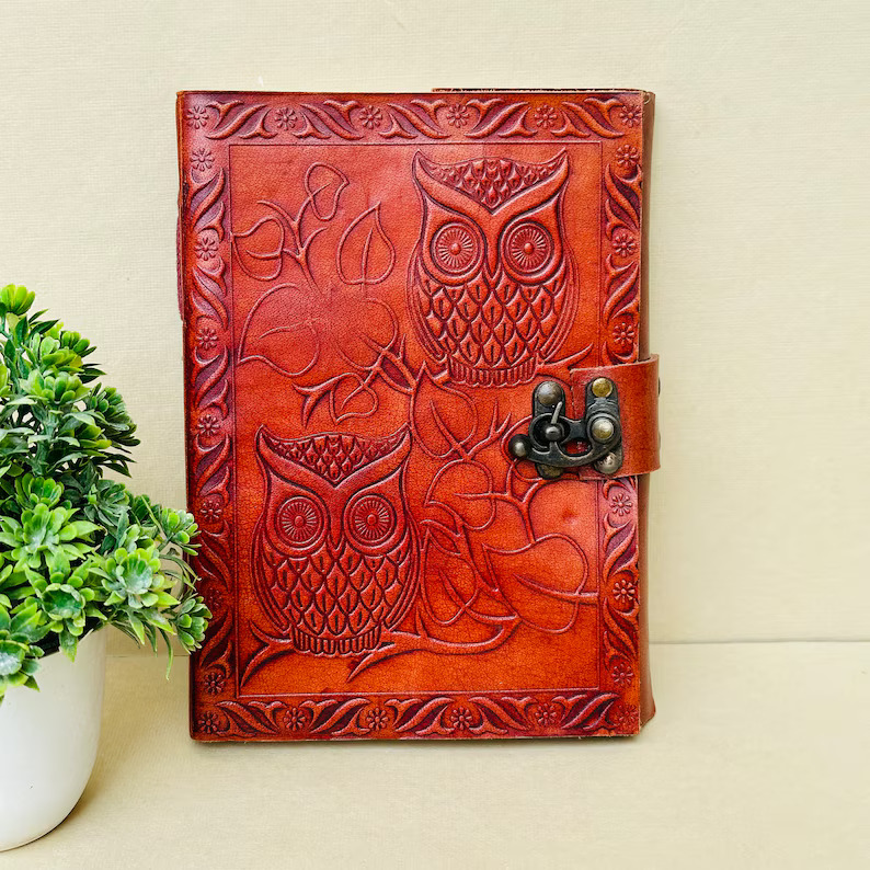 Handmade Embossed Leather Journal: Owl Design, Refillable Notebook (5x7 inches)