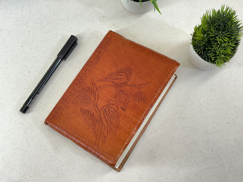 Handmade Leather Journal: Bird Embossed Notebook, 5x7, 144 Pages