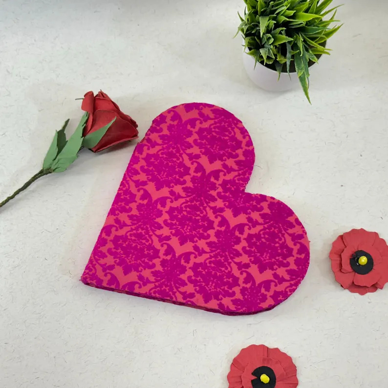 Handmade Paper Journals in Heart Shape with Velvet Fabric Cover for Valentines day gift, Multicolor handmade paper Diary