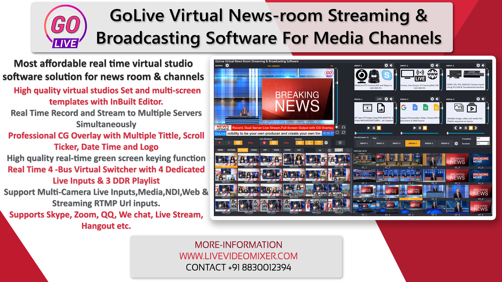 GoLive Real Time Live Video Mixing Broadcasting Software with Realistic Virtual Set