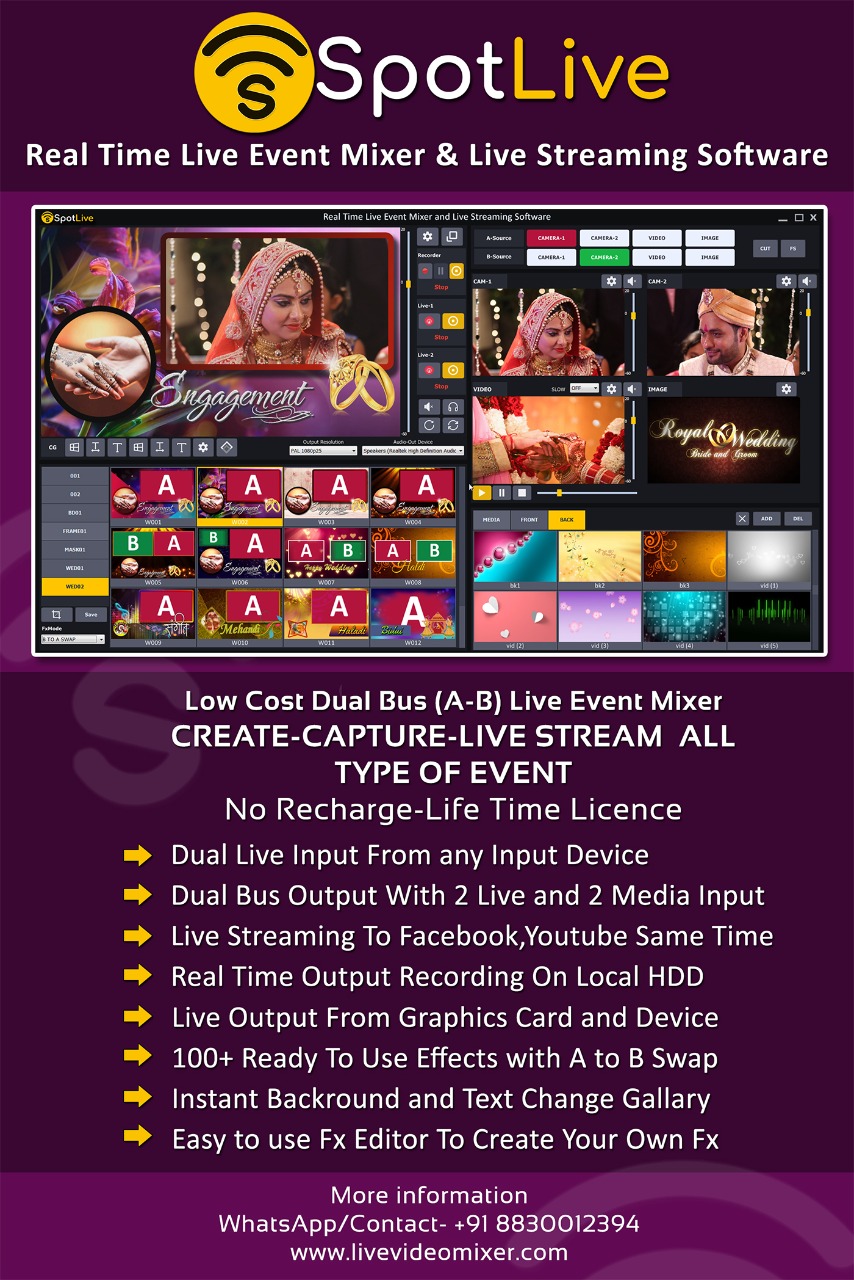 SpotLive Real Time Dual Camera Live Spot Mixing and Streaming Software For Live Event Mixing
