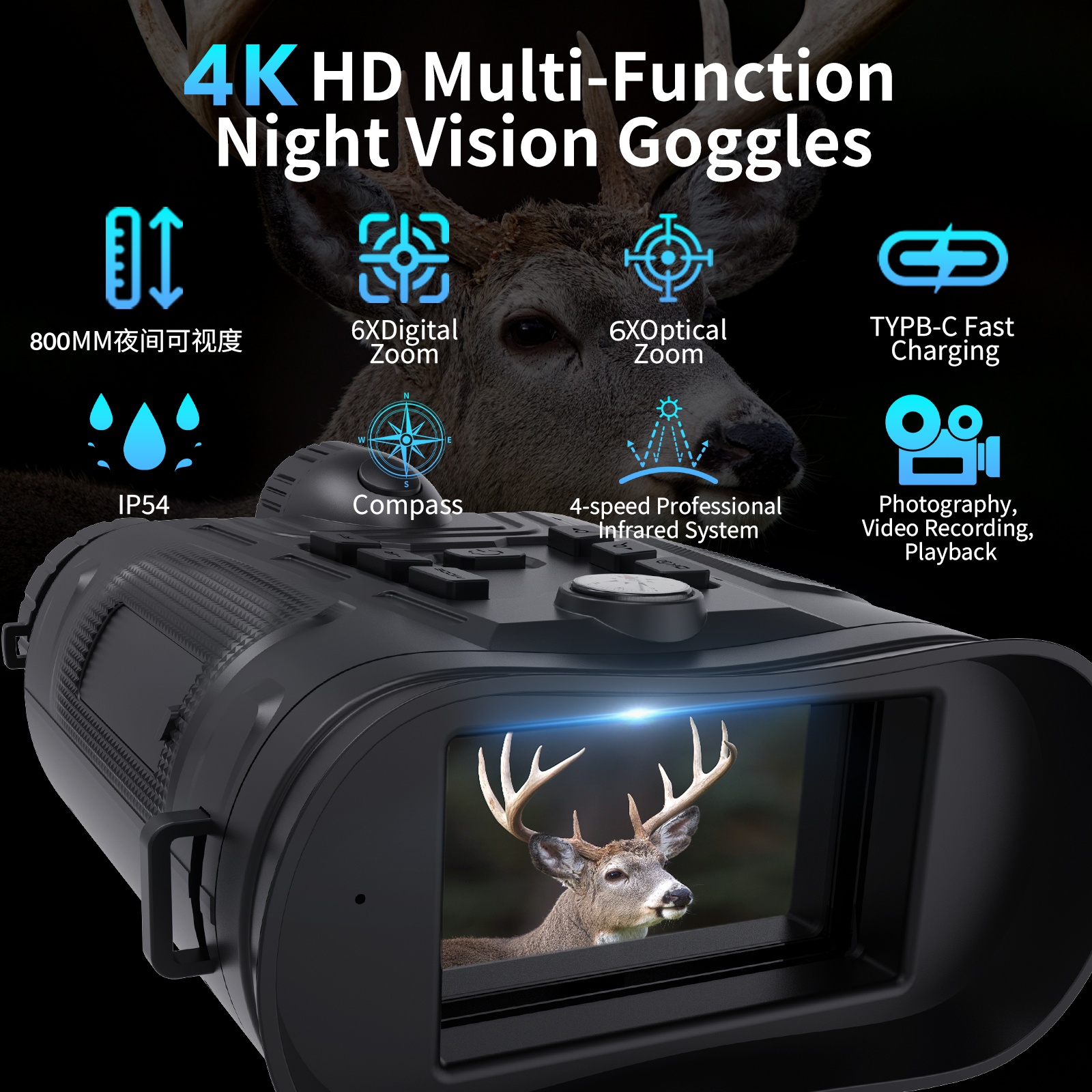 4K UHD Outdoor Night Vision Binoculars Mini90 Infrared 6000MAh with Tactical Lights for Hunting exploring