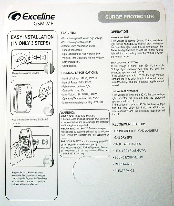 Electronic Surge Protector for Front and Top Load Washers, Gas Dryers, LED, LCD and Plasma Tv's