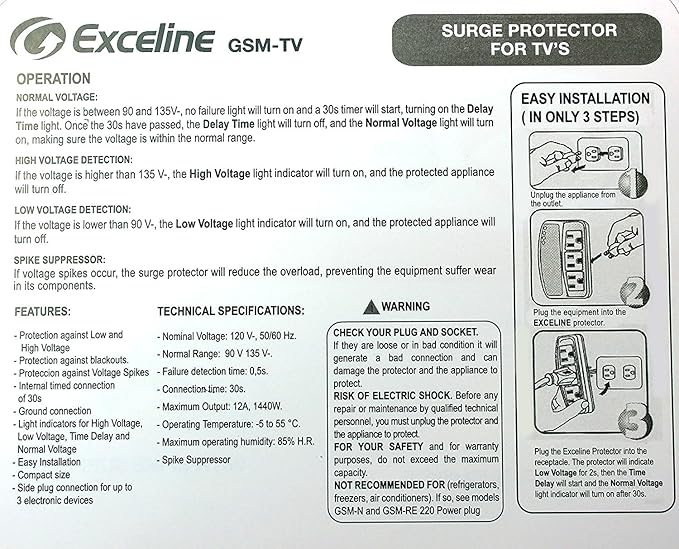 3-Outlet Electronic Surge Protector for Tv's, Audio Equipment, Video Games, Computers, Printers