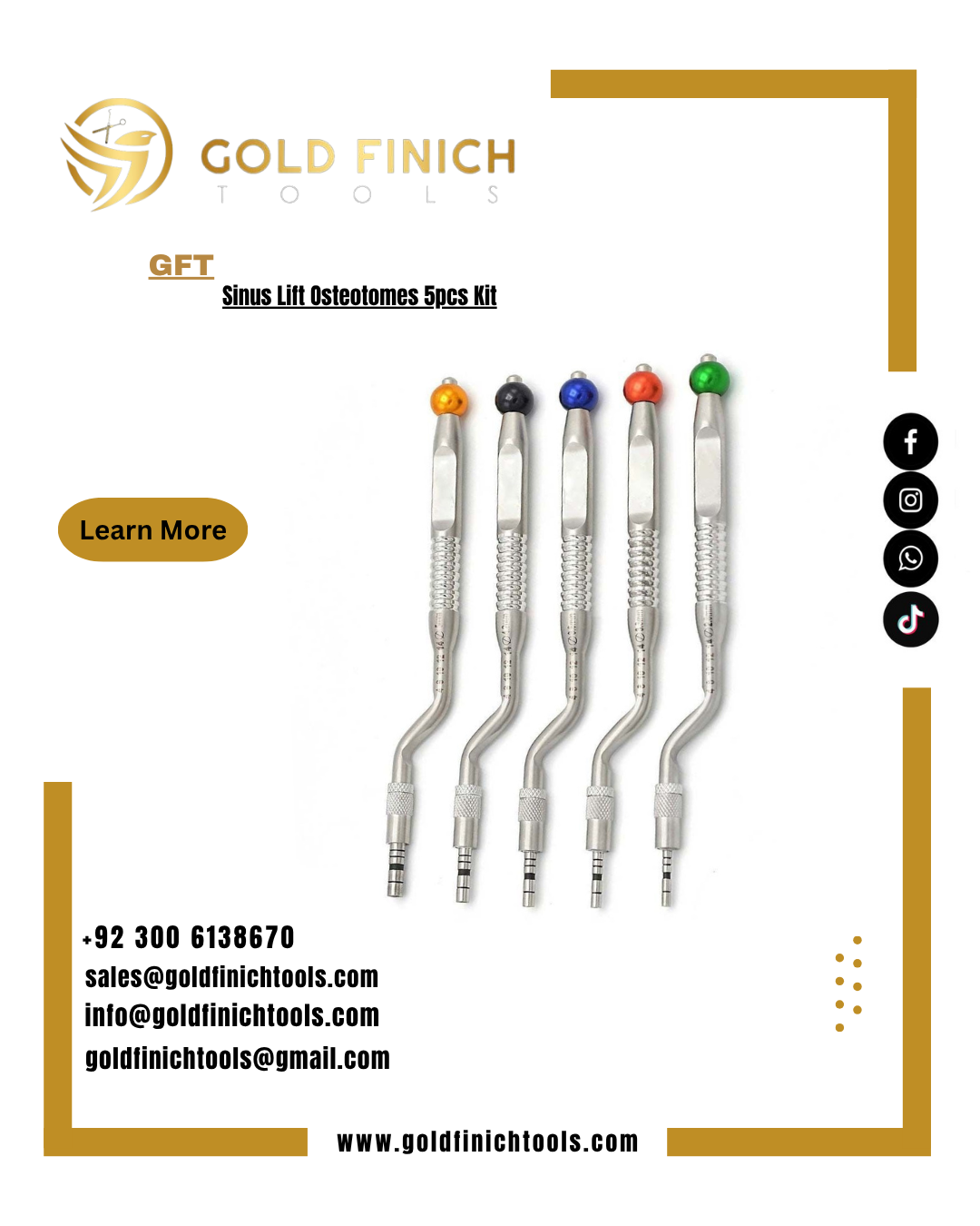 Sinus osteotomes 5 pcs kit   info@goldfinichtools.com  WhatsApp (+92) 3006138670